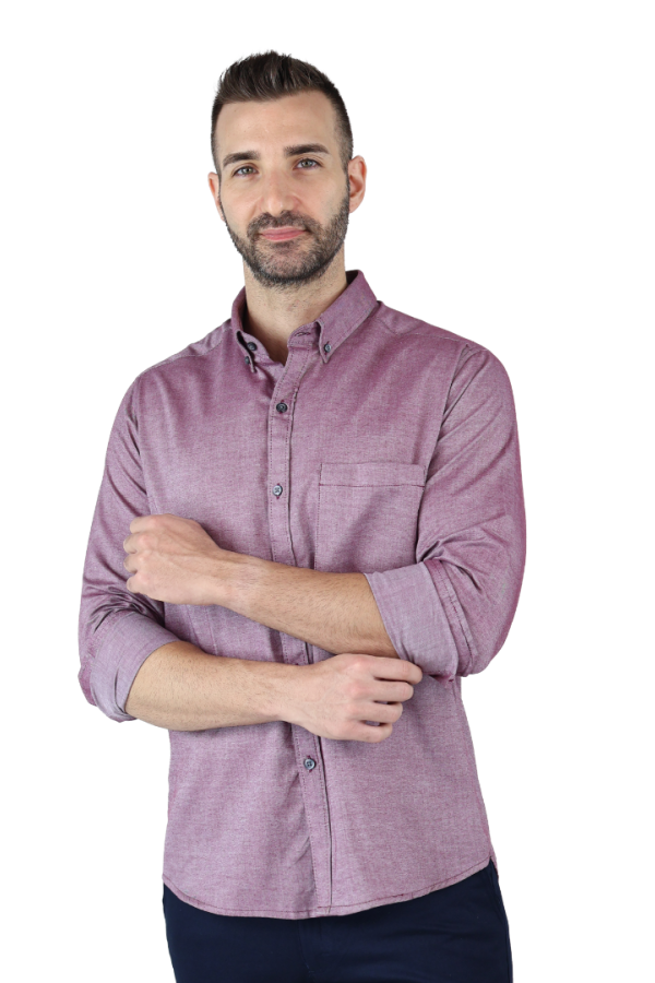 Camisa Cuello Americano Manga Larga Rojo Vino Tela Con Textura Para Hombre